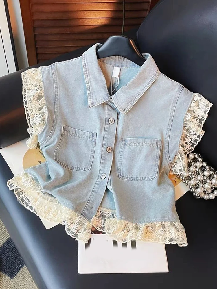

Jmprs Lace Patchwork Denim Vest Women Sweet Fashion Loose Casual Vest Korean Pockets Summer Elegant Design Female Vest Tops New
