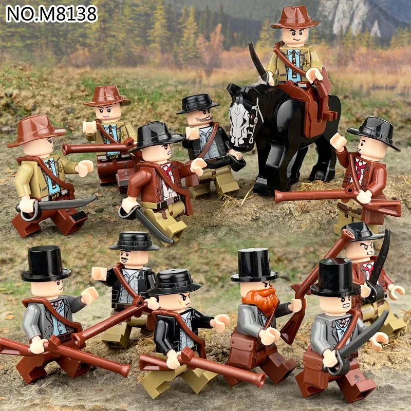 Image of M8138 Western Cowboy Figur mit Dunklem Pferd, Kinder-Bausteine-Set mit Kleinen Partikeln zum Zusammenbauen