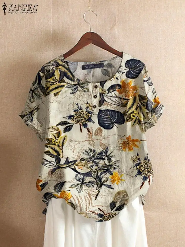 ZANZEA 2024 Women Cotton Shirt Fashion Female Floral Printed Tops Kaftan Chemise Summer Short Sleeve Blouses Causal O-neck Tunic