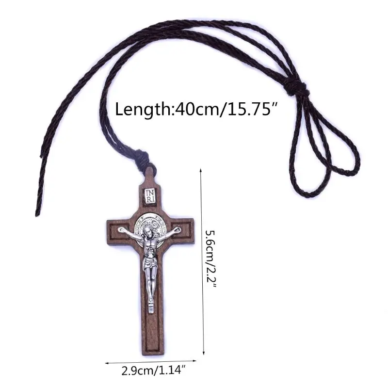 Retro Jesus Cross Necklace Wood Metal Pendant Orthodox Praying Chain Jewelry Catholic Religious Christian Crucifix Gift for Men