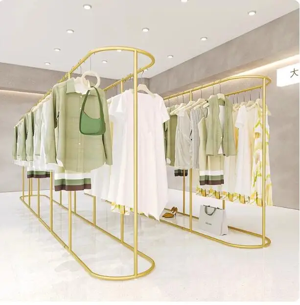 

Wrought Iron Gold Circular Clothing Display Rack Women's Store Shelf Hanging Combination Rack for Fashionable Outfits