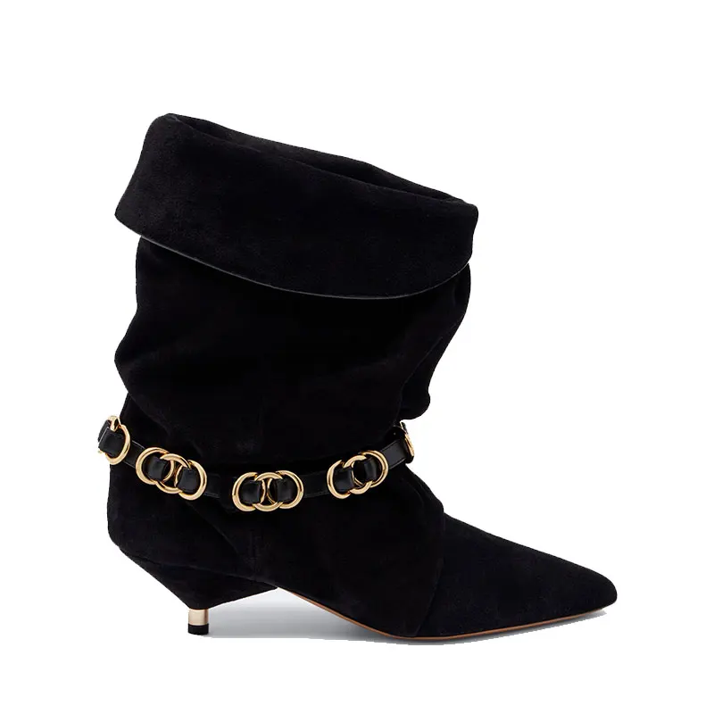 Women Fold Over Slouchy Mid Calf Boots Gold Chain Strap Pointed Toe Thin Heel Suede Leather Fashion Party Dress Ankle Boots