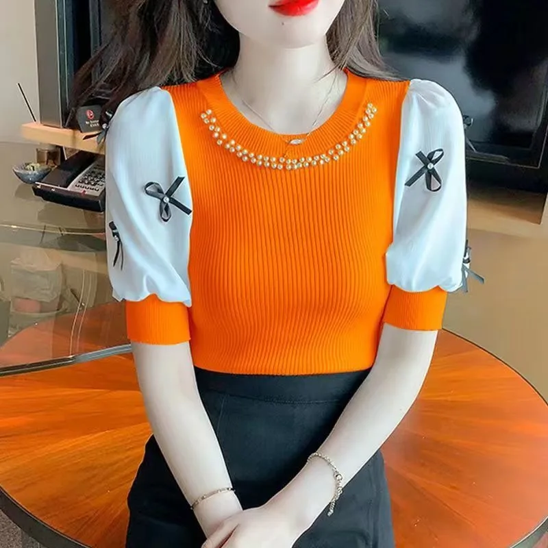 2024 Summer New Crew Neck T-Shirt Puff Short Sleeve Ins Women\'s Bow Knitted Beads Sweet Temperament Elegant Chic Top