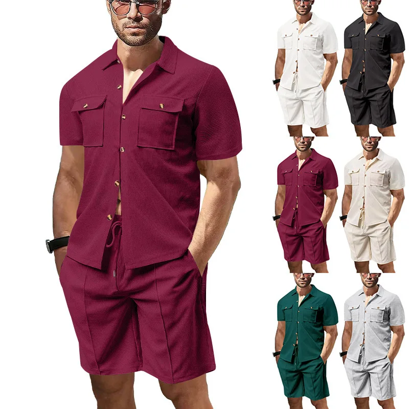 

New Summer Men's Waffle Solid Color Pocket Shirt Short Sleeve Shorts Two-piece Set