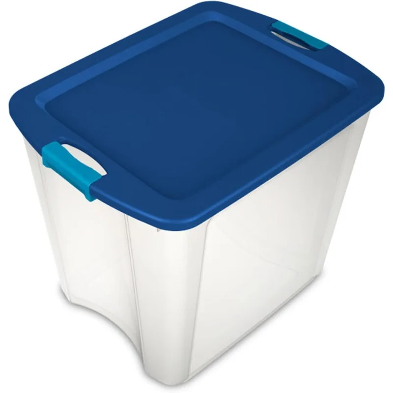 Stackable Storage Bin with Latching Lid, Plastic Container to Organize Closets, Clear with Blue Lid, 12-Pack