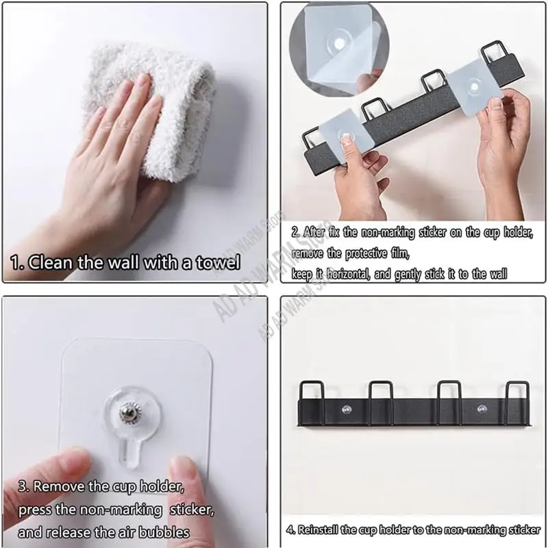 AD23-2 個壁掛けマグホルダーマグフック穴あけ不要、マグラックフック 4 カップホルダー付き