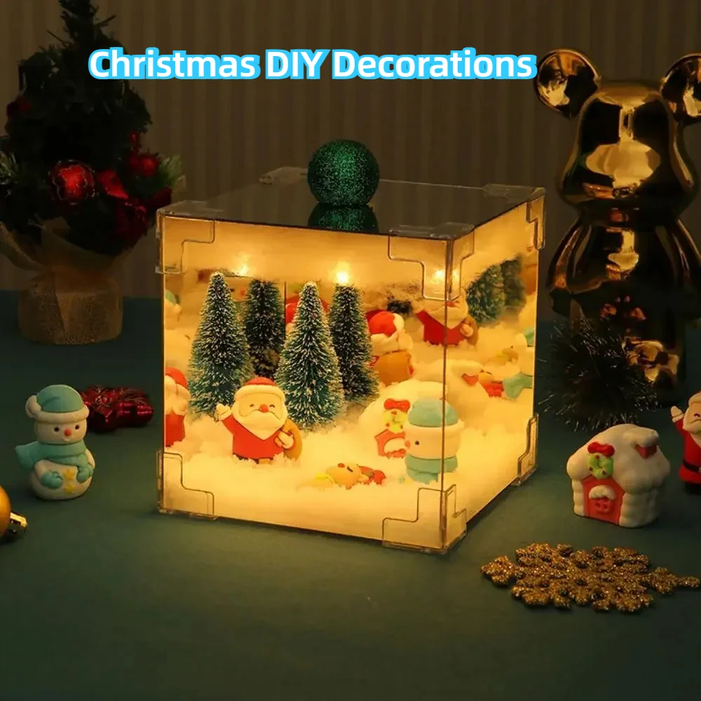 Christmas DIY Decorations Mirror and LED Cube Lamp 3D Santa Claus Snowman Tree Christmas Lights DIY Material Kit for Xmas Decor