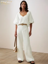 Clacive-Conjunto de 2 piezas de algodón blanco para mujer, camisa de manga corta con Pantalones anchos de cintura alta, moda de verano, 2024