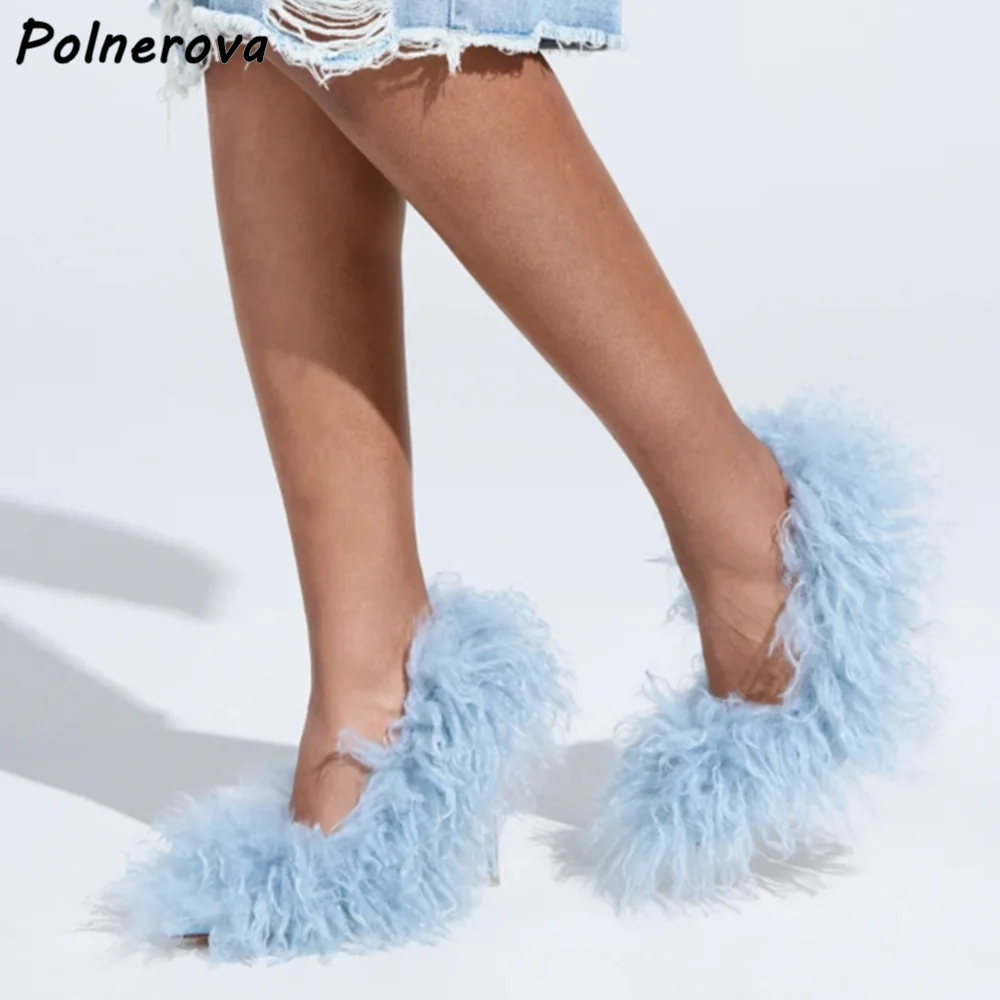 

Blue Fur Shallow Pumps Thin Heels Slip On Pointy Toe Solid Women's Shoes Women's Soft Furry Stiletto Dress Elegant Pumps 2025