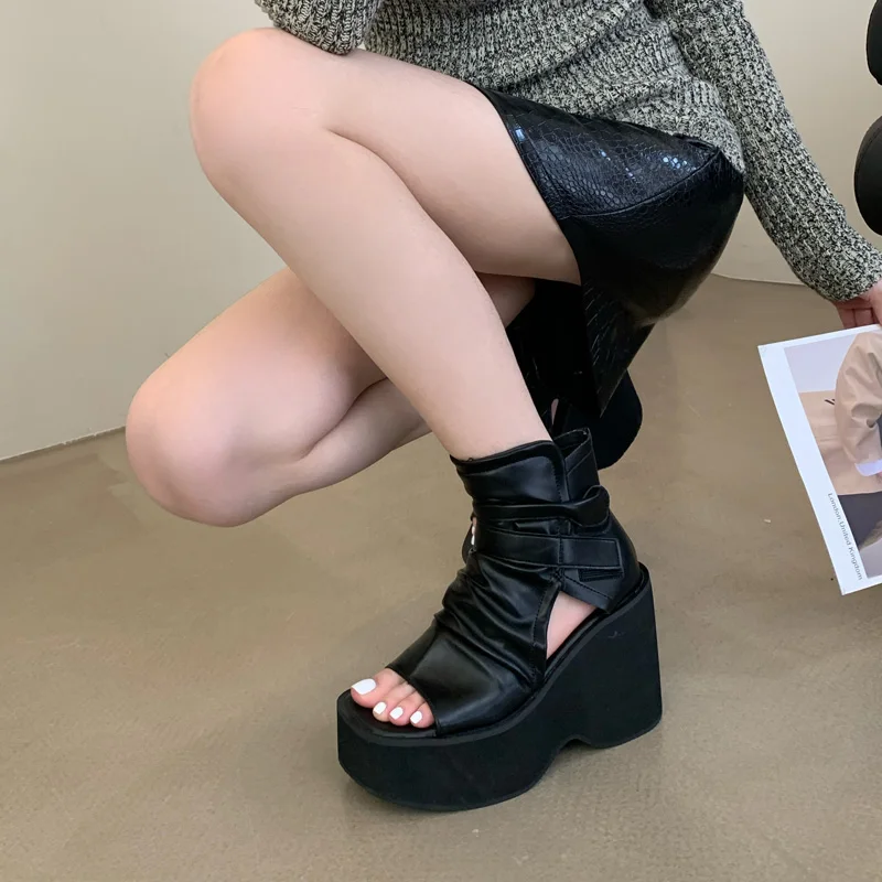 

Black Ankle Boots Punk Wedges Shoes For Women Summer New Rock Shoes Peep Toe Punk Platform Heels Boots Bottines Femme