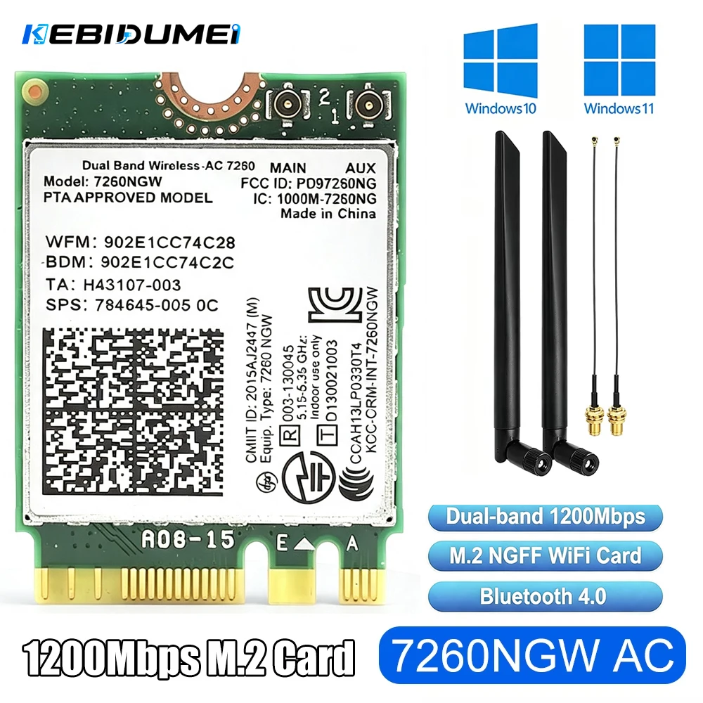 KEBIDUMEI 7260NGW M.2 WiFi Card 1200Mbps Dual Band 2.4G 5GHz BT4.0 802.11AC Wireless Adapter With Antenna For Laptop Desktop PC