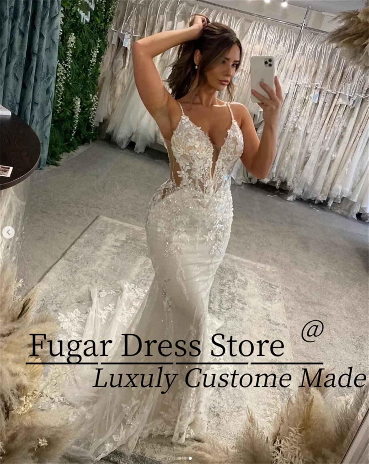 

Customized Beach Gorgeous lace Wedding Dresses Sexy Mermaid Spaghetti Straps Backless V Neck Bridal Gowns vestidos de novia
