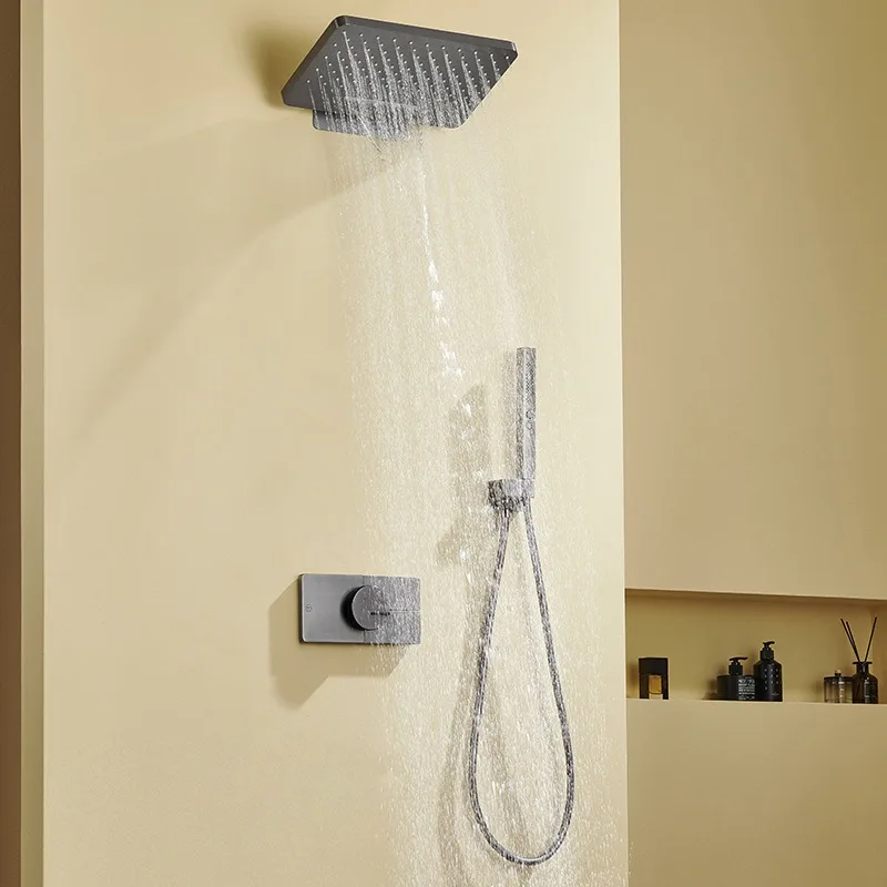 Solid Copper Gun Grey Exposed Shower Mixer Set Dual Mode Cold Hot Bath Sprayer Hotel Homestay Engineering Bathroom Hardware