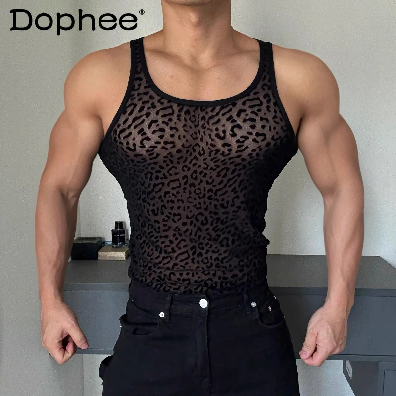 

Men's 2025 Summer New Sleeveless T-Shirts Male Breathable Chic Vests Sexy Fashion Leopard Print Hollow Out Perspective Tank Tops