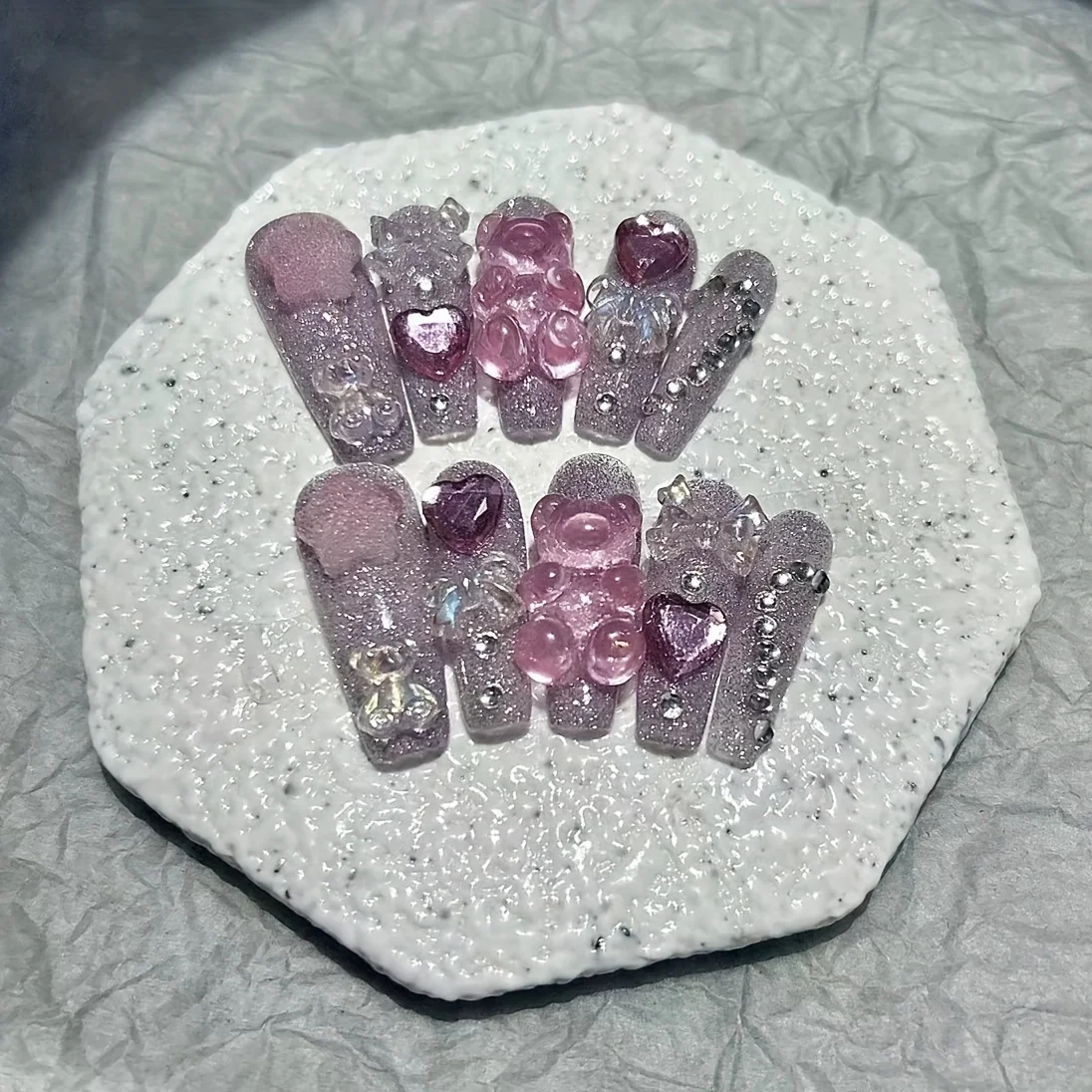 Cartoon Cute Pink Smoothie Nail Art Bow Bear Star Bling Fake Nails Pink Sweet Girly Girl Handmade Wear Nails
