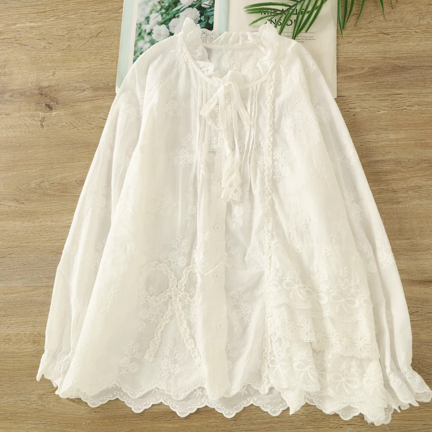 

2026 Youth women's blouses bohemian 100% cotton white beige lace embroider shirts and blouses with tassels for women boho shirts