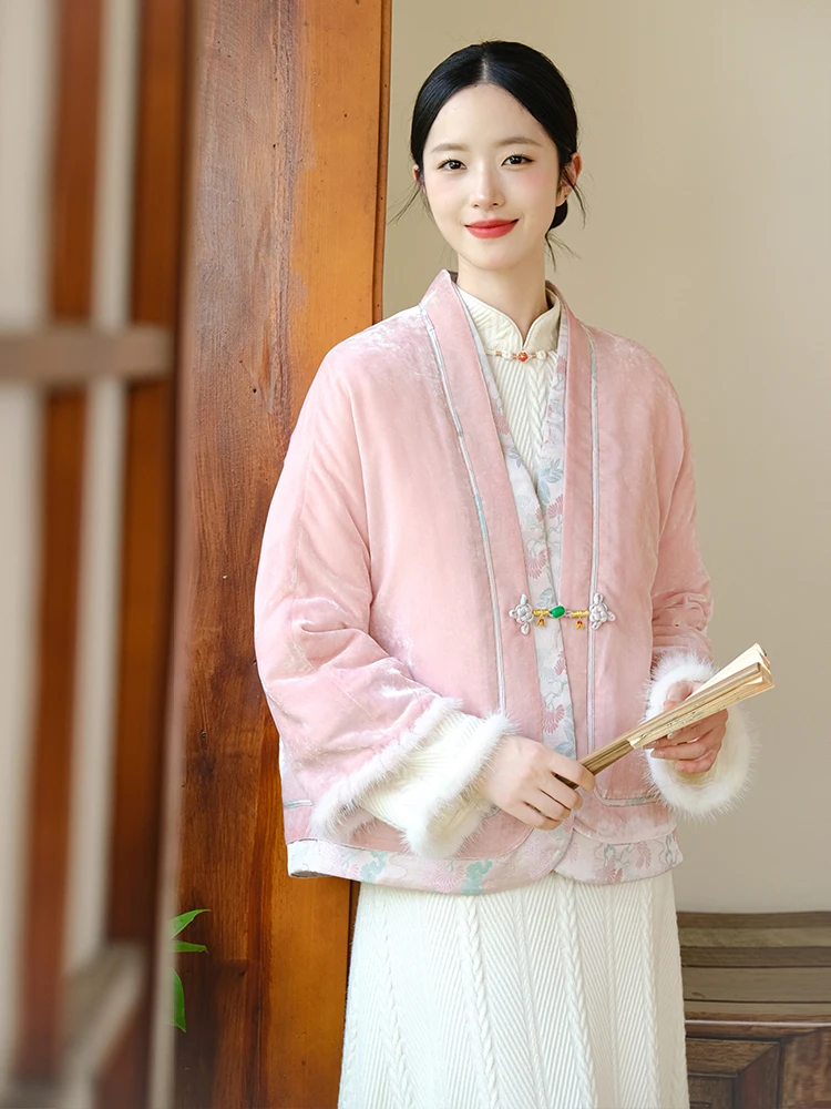 

Thiened Pink Velvet Jaet with Button Design Traditional Chinese Sle Women's Winter Coat Long Sve Commute Sle Cotto...