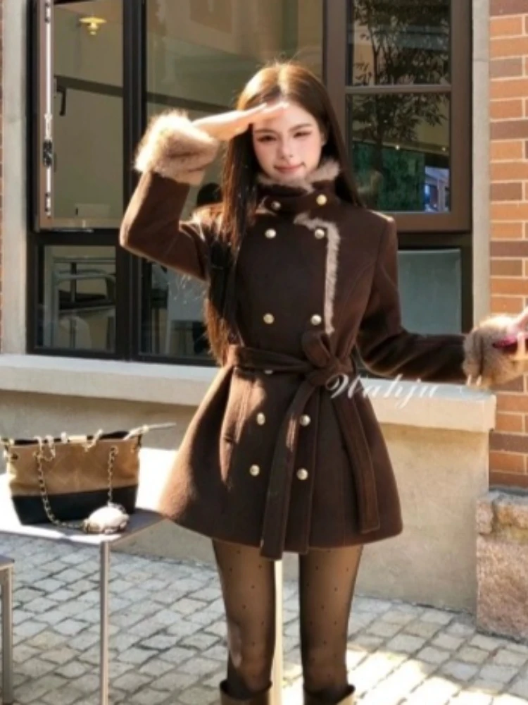 Winter Korean Fashion Wool Coat for Women Slim Fit Double Breasted Belted Fur Collar Jacket Elegant Chic Warm Long Outerwear