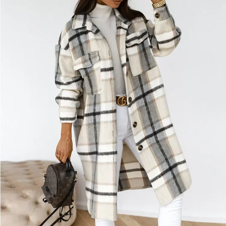 

2024 Single Breasted Trench Coat Fashion Long Autumn Winter Women's Clothing Long Sleeve Woolen Plaid Overcoat Coat