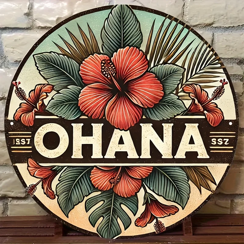 2D Flat, Vintage "Ohana" Aluminum Sign - 20.32x20.32 cm Round Tropical Floral & Bird Design, Hawaiian-Themed Wall Art for Home &