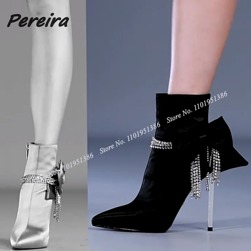 

Pereira New Black Crystal Fring Decor Boots Bow Knot Metal Heel Boots Pointed Toe Shoes for Women High Heels Zapatillas Mujer