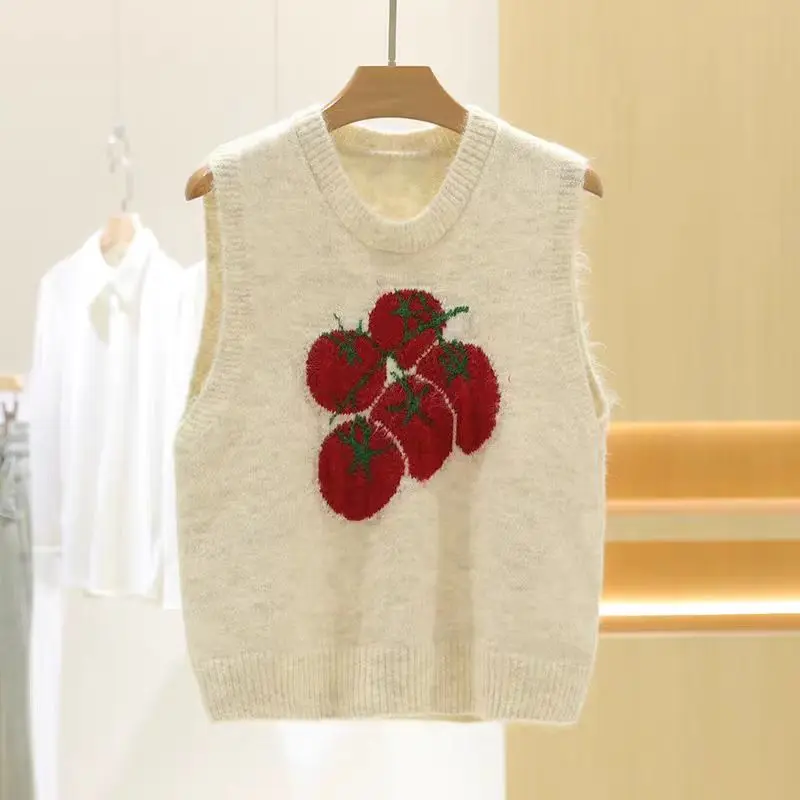 Vegetable Tomato Jacquard Korean Casual Knitted Vests Women Sweater Sleeveless O-neck Loose Versatile Waistcoat Vests Tops 2026 #4