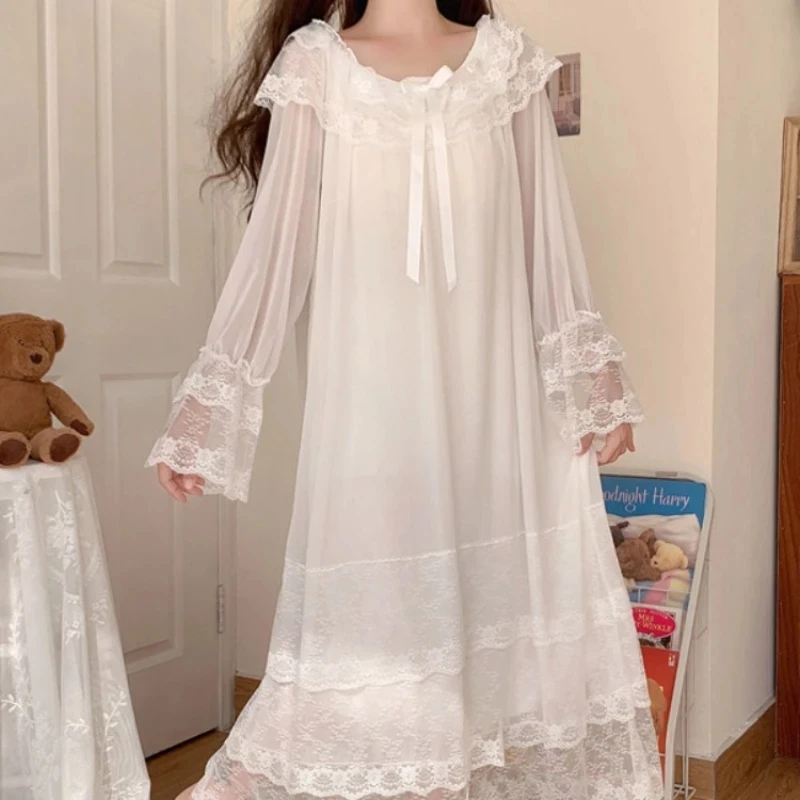 Kawaii Korea Style Women\'s Dressing Gown Spring Ladies Princess Sleepwear Lace Sleeve O Neck Mesh Peignoir Fairy Night Dress