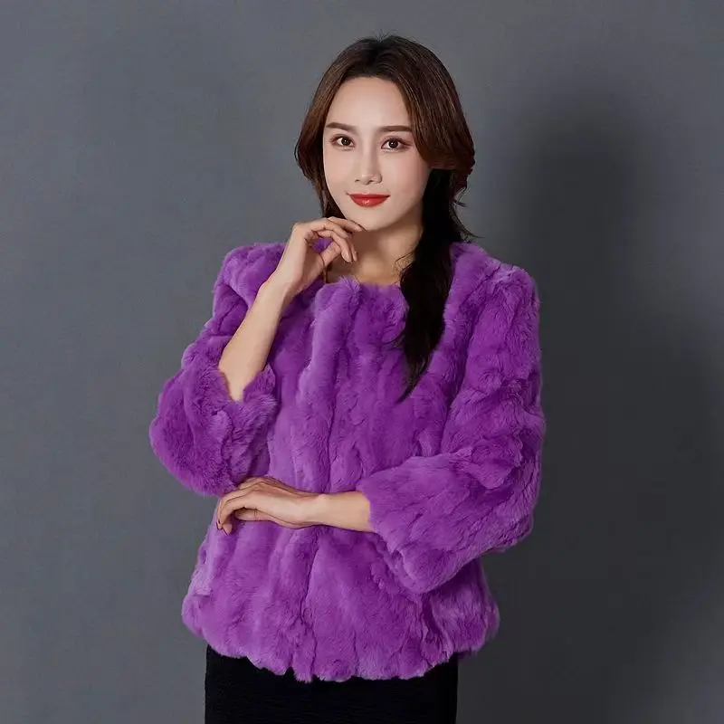 Real Rex Rabbit Fur Coat for Women, Three Quarter Short Jacket, Female Loose Thicken Warm Clothes, High Quality, New, Winter