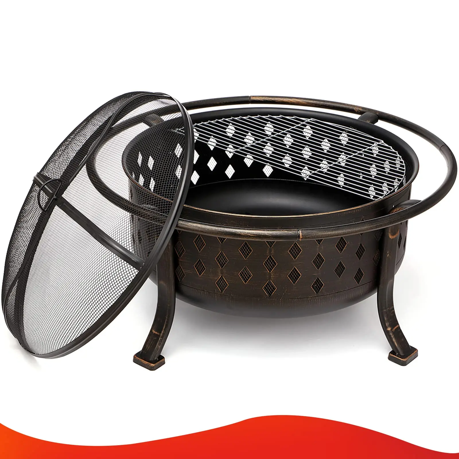 22/26/30/32/36 Inch Fire Basket with Mesh Cover Fire Poker Heating Stove Portable Winter Picnic Garden BBQ Grills Campfire Basin