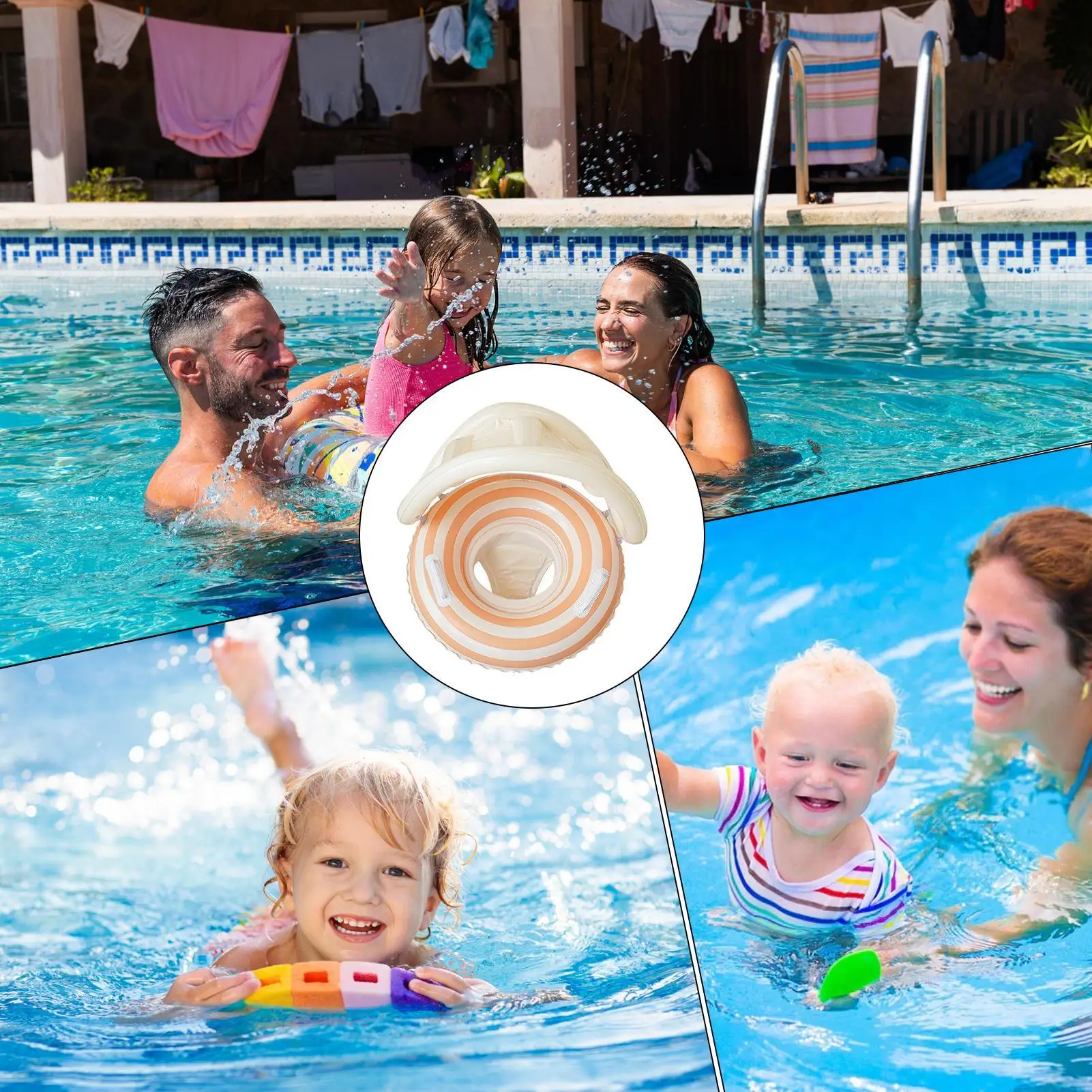 Flutuador de piscina para bebês com abrigo de proteção solar, anel de natação inflável para crianças, brincar aquático, piscina, praia