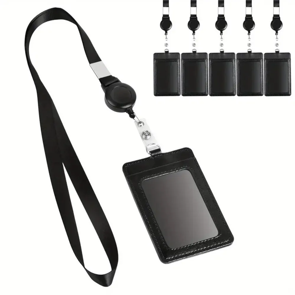 5PCS Badge Holders Leather Card,ID Card Holder Retractable Lanyard Neck Strap with 1 ID Window and 2 Card Slot ID Card Holder