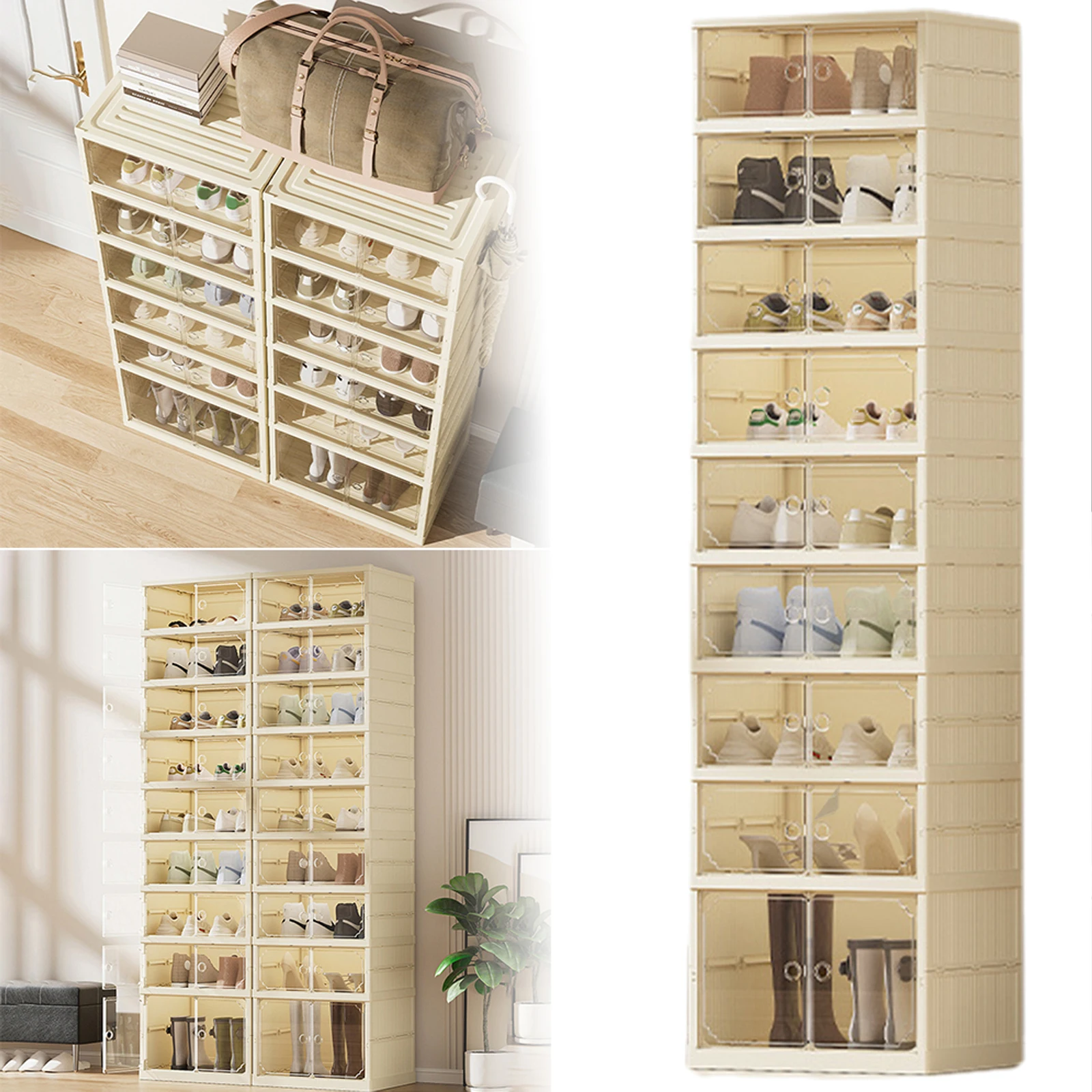 

Clear Shoe Storage Cabinet Foldable Easy Assembly Stackable Shoe Rack Organizer with Lids Stackable Sneaker Storage Shoe Cabinet