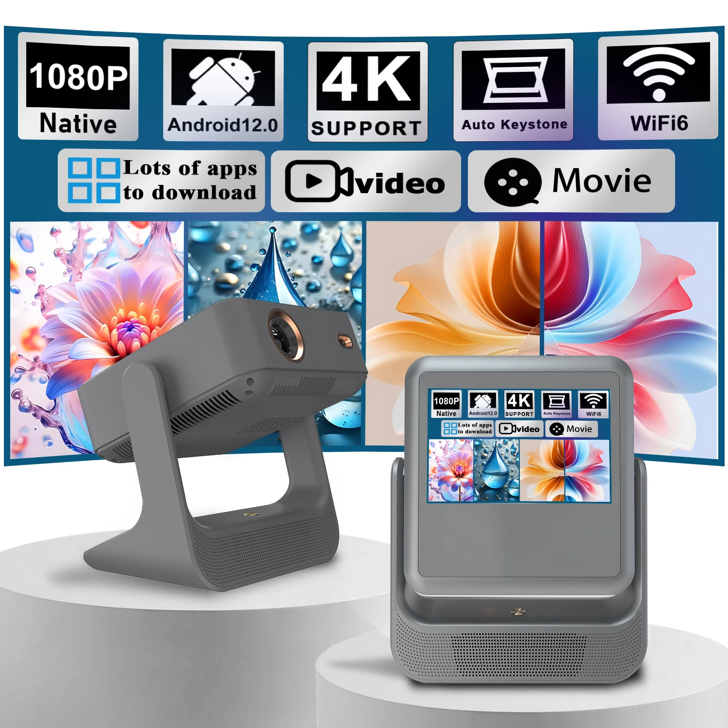 Projektor 4K 1080P, 8" Touch, kabelloses Bluetooth, Dual-Screen-Switch, HDMI USB, Heimkino-Gaming