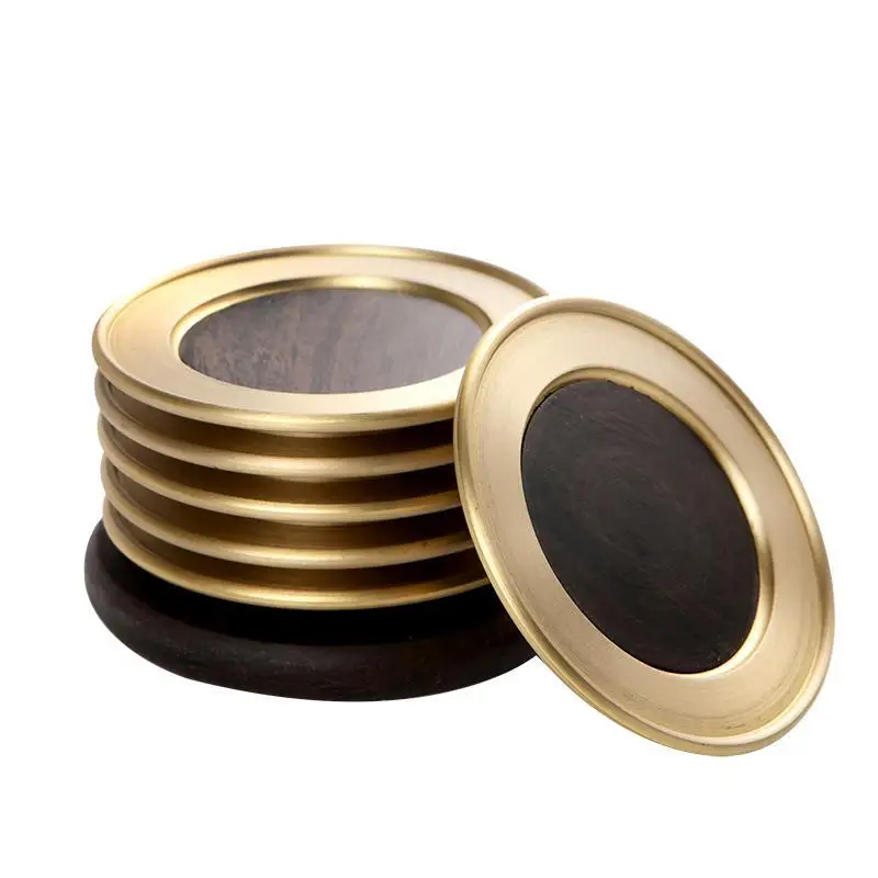 Black Sandalwood Coaster Set, Solid Wood Tea Pad, Gold Copper Cup Coffee Holder, Heat Insulation, Luxury Thermal, 6Pcs