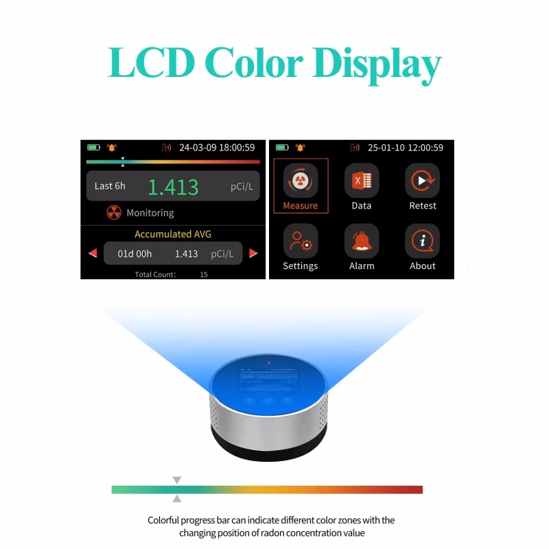 504 يومًا سجل البيانات رادون كاشف الغاز محلل مع درجة الحرارة والرطوبة متاجر LCD ملونة إنذار مسموع ومرئي