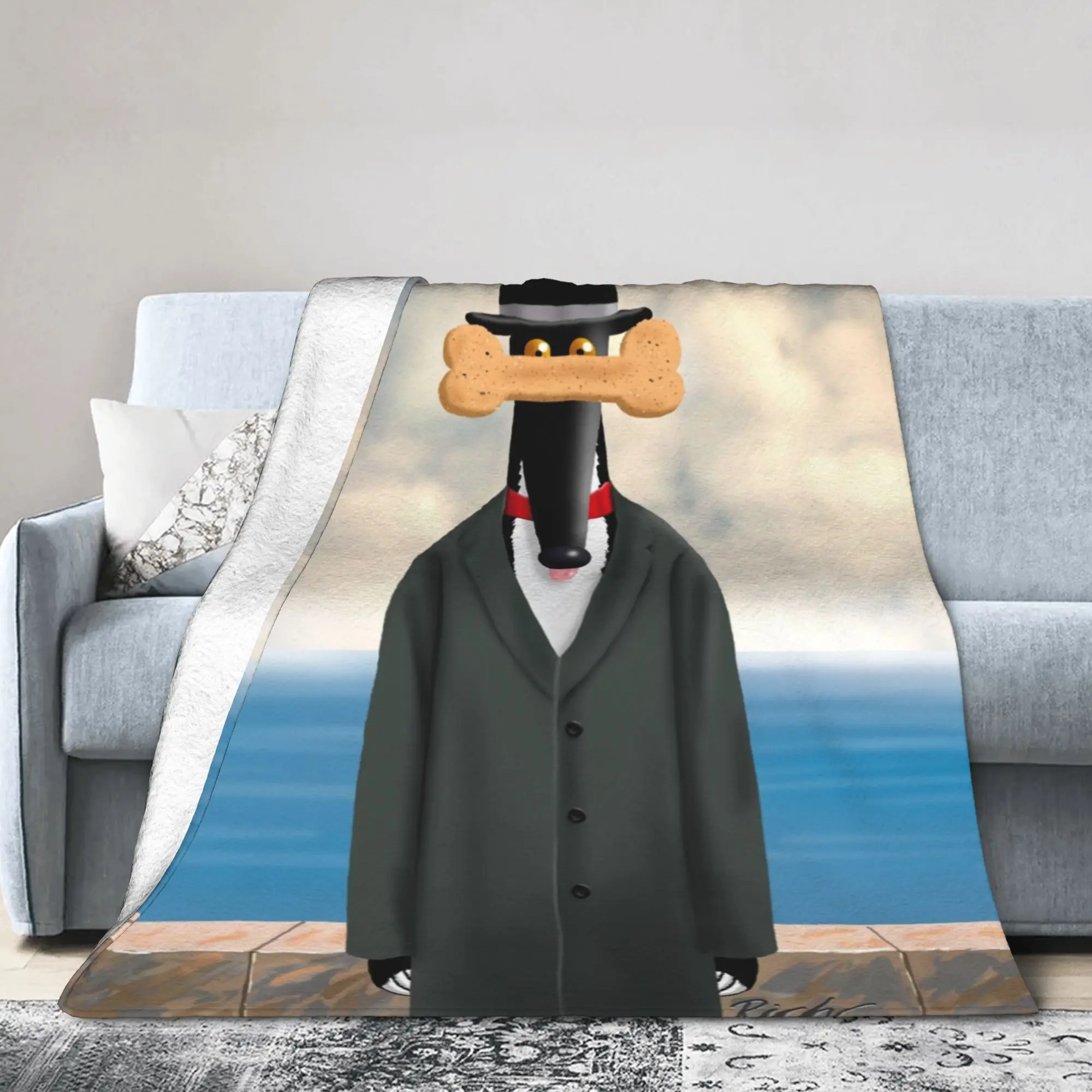 Custom Rene Magreytte Greyhound Blanket 3D Print Soft Flannel Fleece Warm Whippet Hound Lover for Car Bedroom Couch Quilt