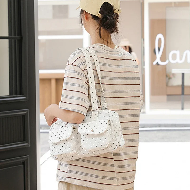 Schultertasche mit mehreren Taschen und Sternenmuster, gepunktet, für Damen, Canvas-Tragetasche, koreanische süße, niedliche, lässige Handtasche für Pendler und Reisen – Detail 26