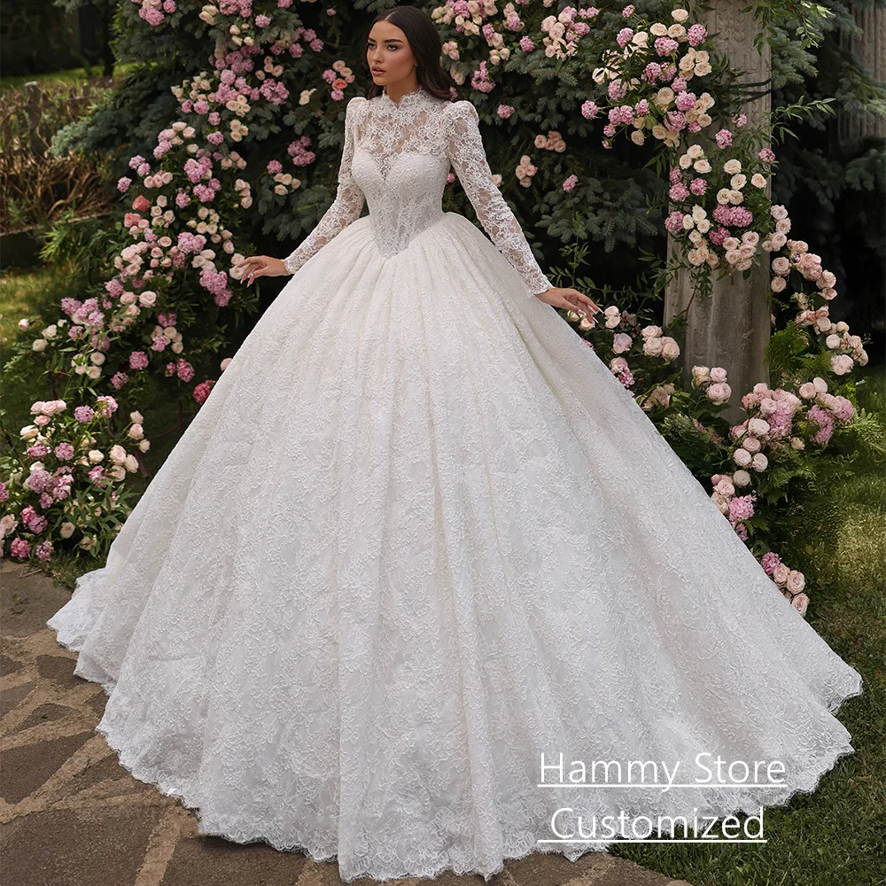 Gorgeous Ball Gown Wedding Dresses Bride Gown Customized High Neck Full Sleeves Lace Applique Saudi Arabian Bridal Dresses