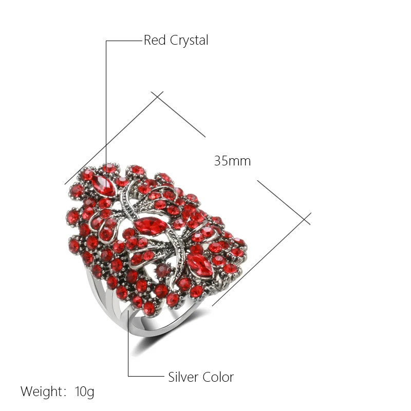 Kinel Vintage Big Hollow Red Rhinestone Dragonfly Rings Women Tibetan Silver Wedding Party Boho Jewelry Z0044 SSI