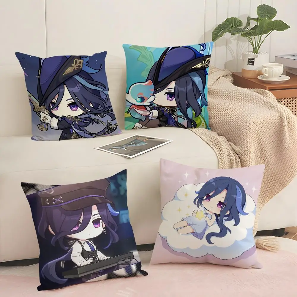 Genshin Impact Clorinde Cushion Cover Silky Short Plush Sofa Pillow Cover Hidden Zipper Soft Dustproof Case for Home Decor