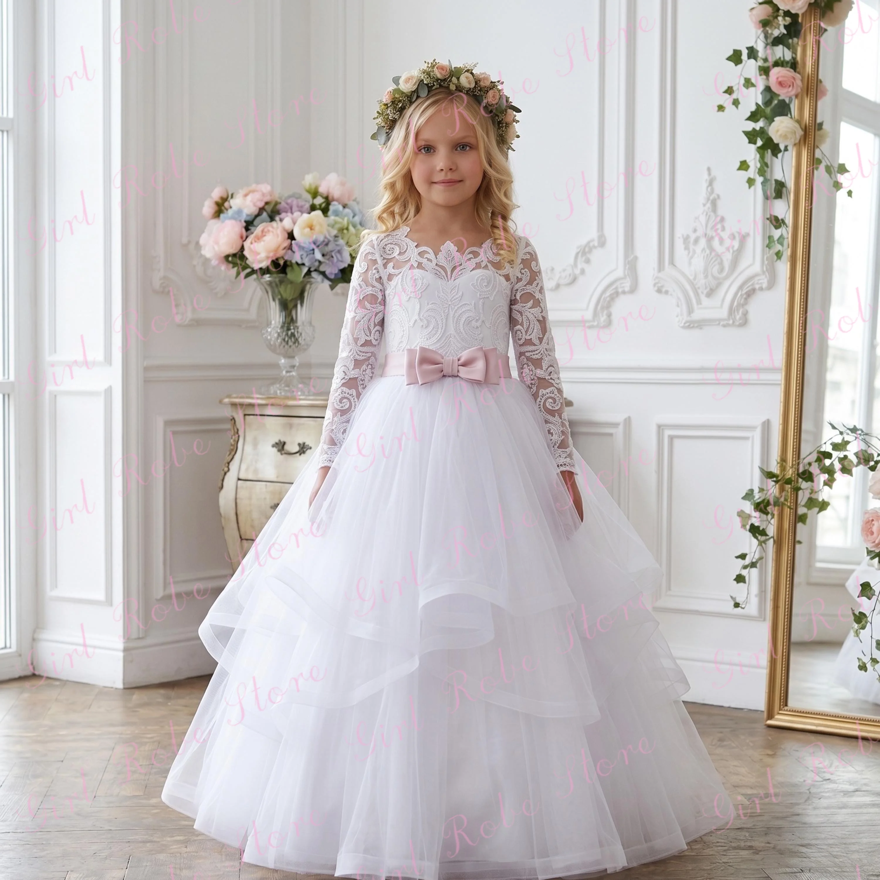 Lace Tulle Flower Girl Dress For Wedding Tiered Floor Length Full Sleeves Princess First Communion Bridesmaid Banquet Ball Gown