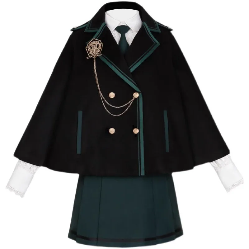 Originale Gothic Magic School Jk Uniform Set Black Cape gonna Shirt 3 pezzi Set Lolita Dress Set inverno autunno studenti adolescenti cappotto