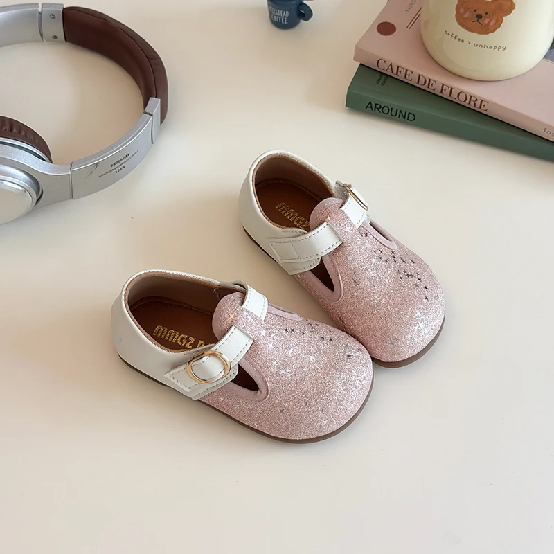Korean Children's Shoes Autumn New Kids Fashion Shiny Paillette Leather Shoes for Girls Elegant Princess Perform Flats Simple