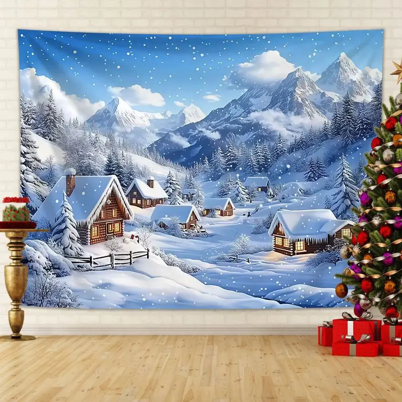 VIKAMA Fairy Tale Snow Village Christmas Tapestry, Enchanting Wall Art Background Cloth for Winter Living Room Aesthetic Decor