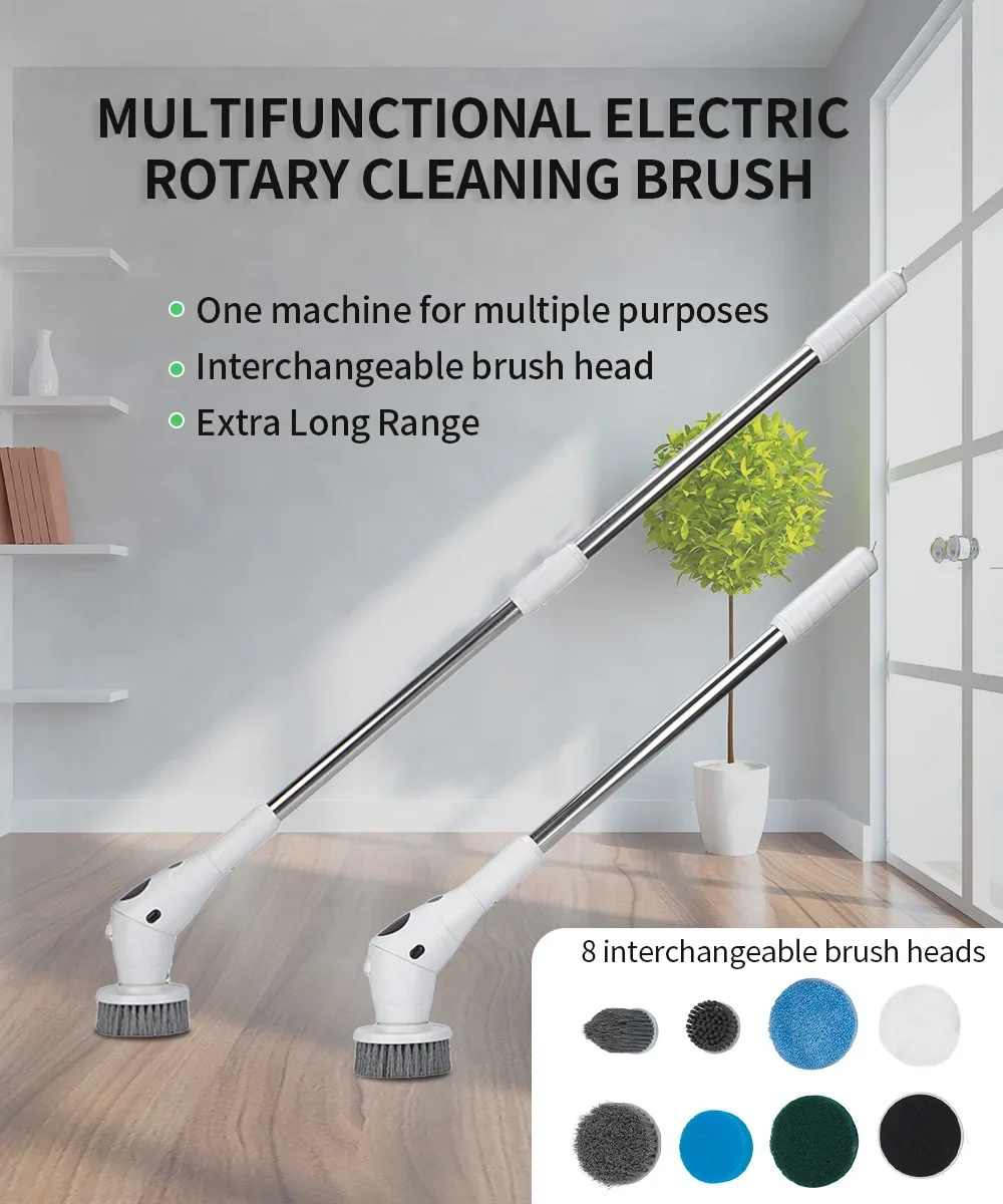 BM-CB08 Cordless Electric Cleaning Brush, 3-Speed Bathroom, Powerful 8-in-1 Rotary Scrubber, Adjustable Removable Long Handle