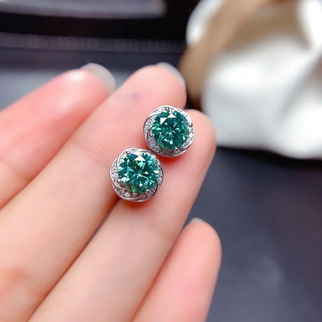 925 Sterling Silver S925 Stud Earrings For Women Hypoallergenic Lightweight Blue Green Moissanite Dainty Daily Wear Jewelry Gift