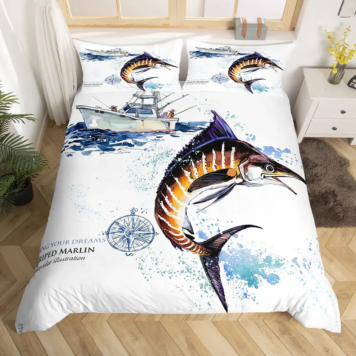 Marlin Swordfish Duvet Cover Set Hunting Fishing Bedding Set Tie Dye Sea Fishing Boat Marine Life Nautical Comforter Cover Queen