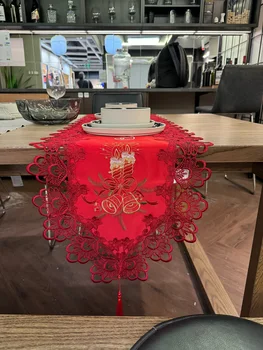 A Red Christmas Bell Candle Table Runner, Polyester Fiber with Gold Thread Embroidery,…
