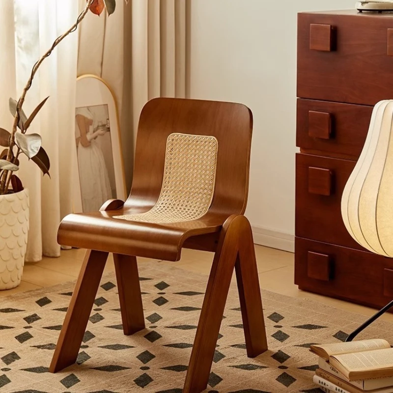 Solid wood dining chair household rattan C chair desk backrest retro dining table and chairs