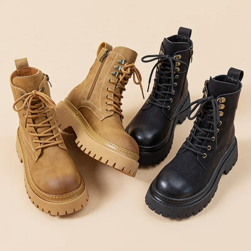 Buty damskie z prawdziwej skóry buty motocyklowe dla kobiet krótkie buty z przeszyciami Retro kobiety Botas Femininas De Couro Legitmos — zdjęcie 3